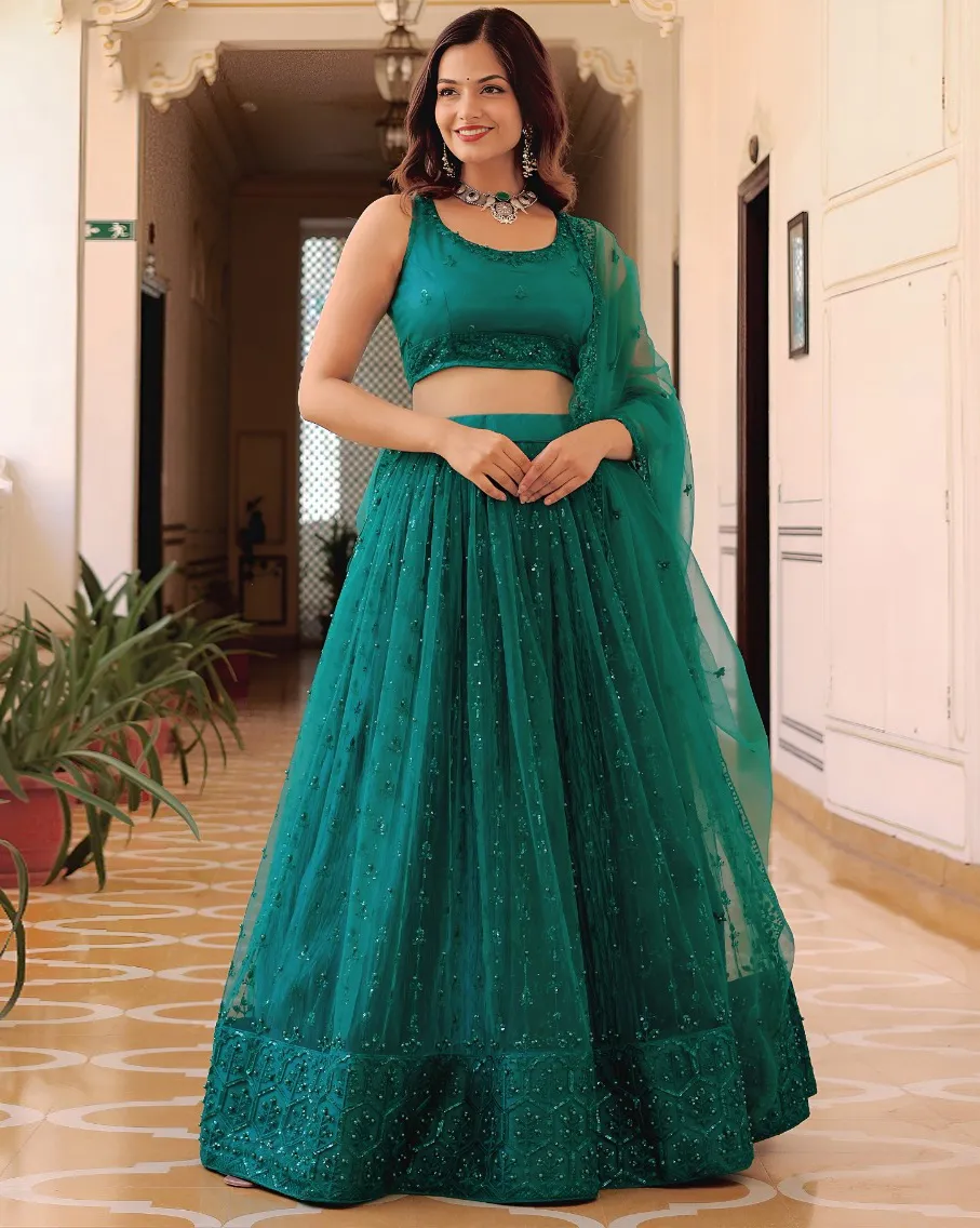 Teal Green Soft Net Pearl Work Embroidered Lehenga