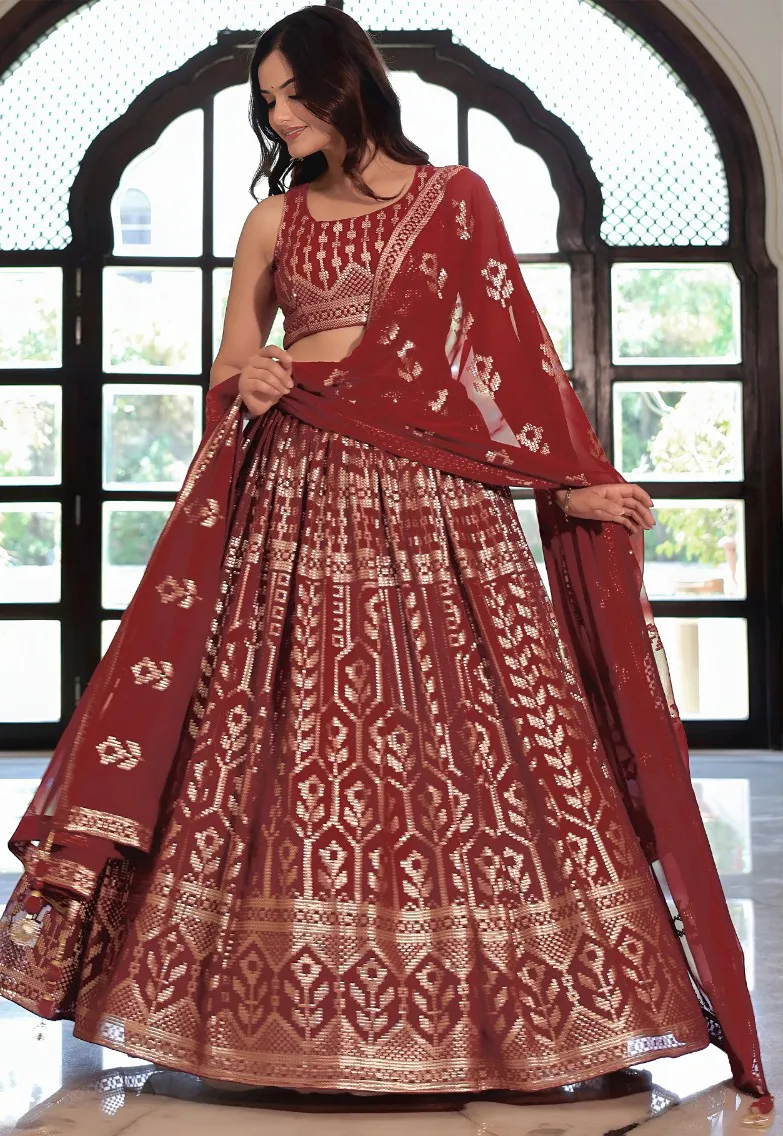 Maroon Georgette Sequins Embroidered Lehenga - Image 2