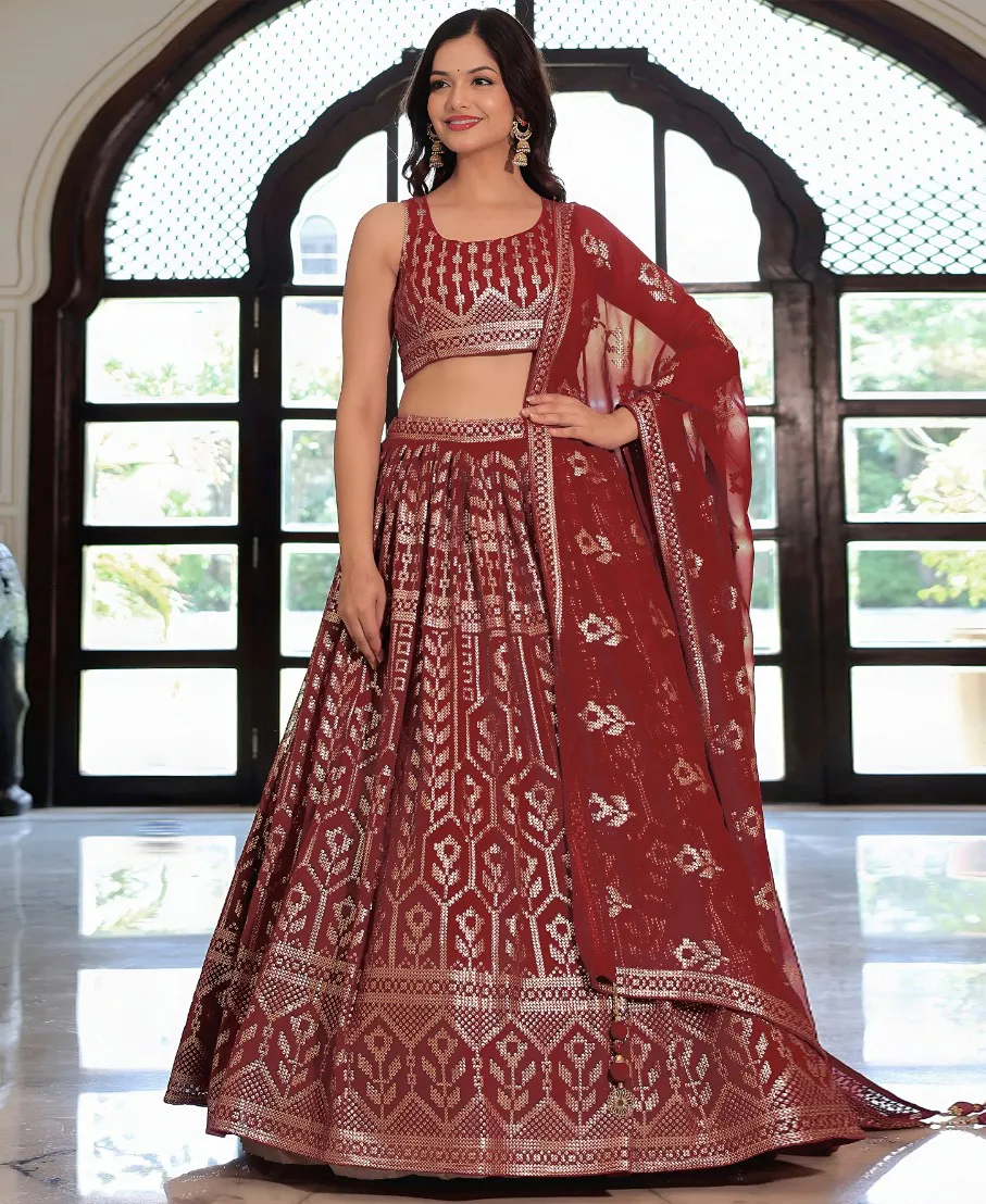 Maroon Georgette Sequins Embroidered Lehenga