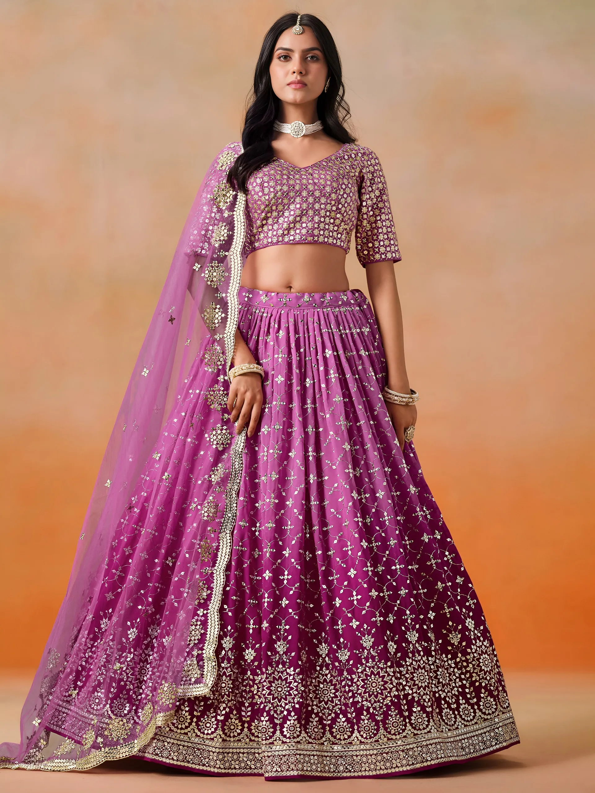 Pink and Wine Georgette Thread Embroidered Partywear Lehenga