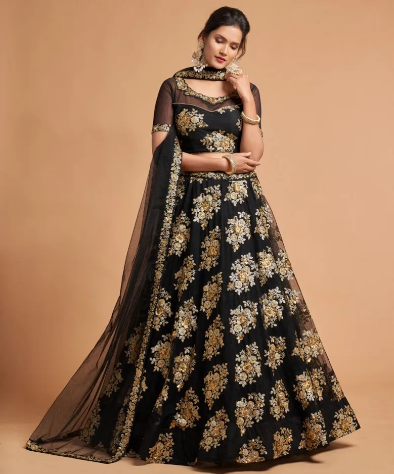 Black Soft Net Sequins Embroidered Lehenga