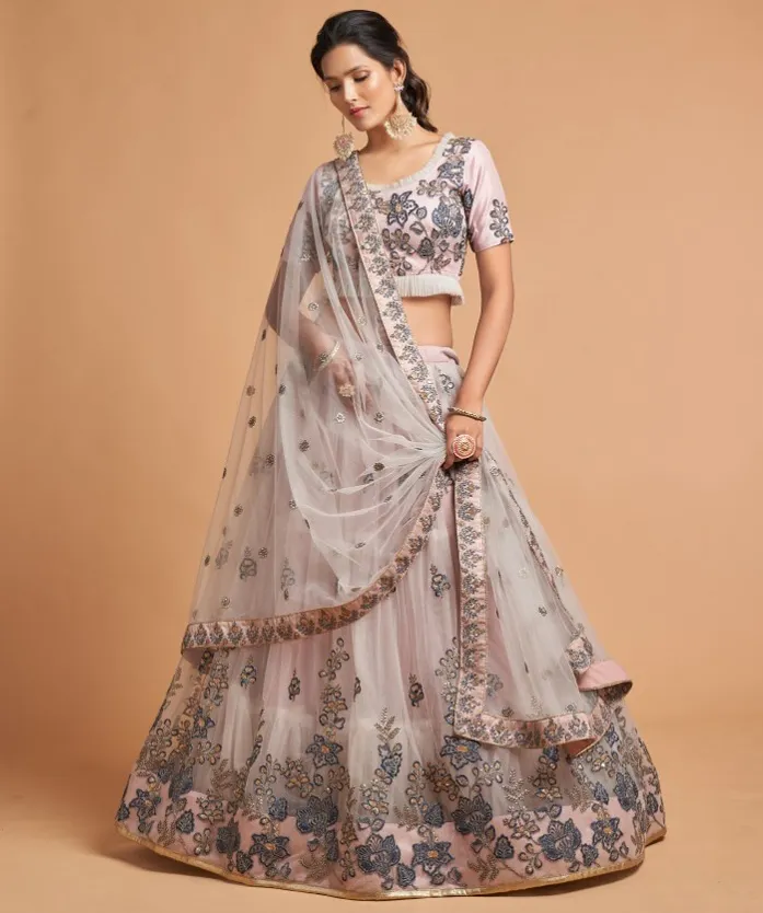 Light Pink Soft Net Sequins Embroidered Lehenga