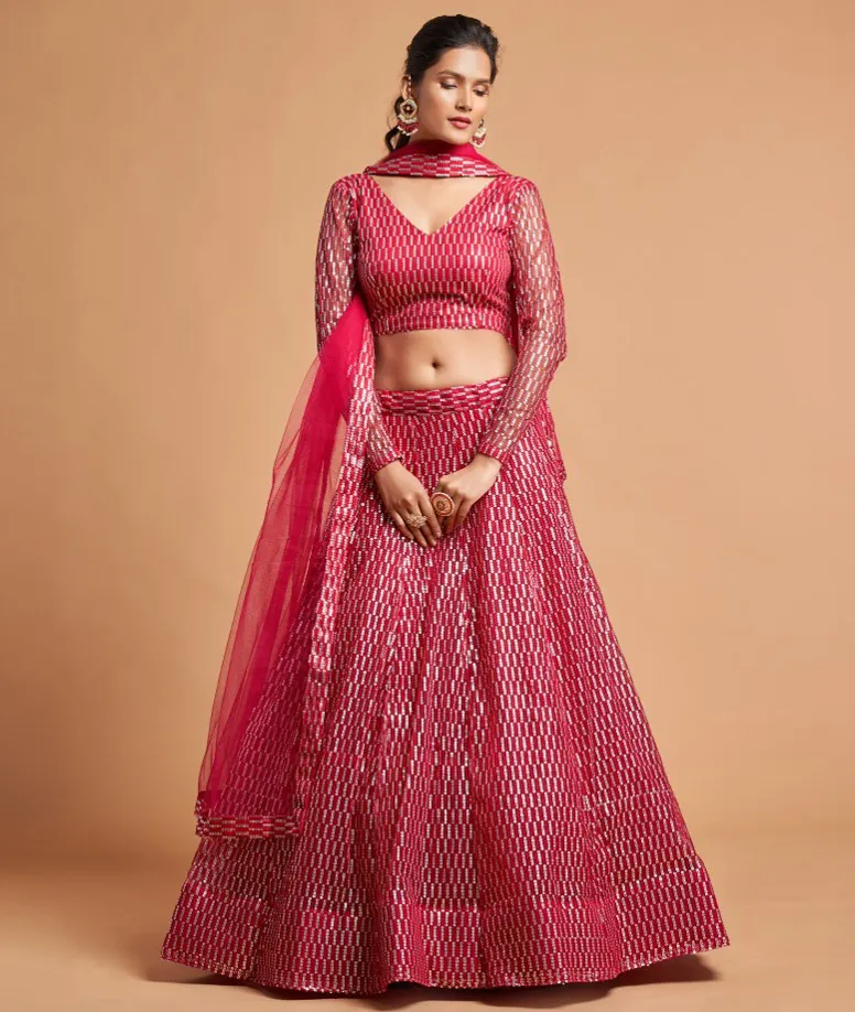 Red Soft Net Sequins Embroidered Lehenga