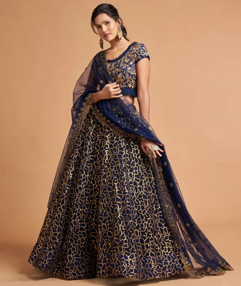 Navy Blue Soft Net Sequins Embroidered Lehenga