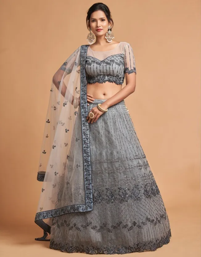 Grey Soft Net Sequins Embroidered Lehenga