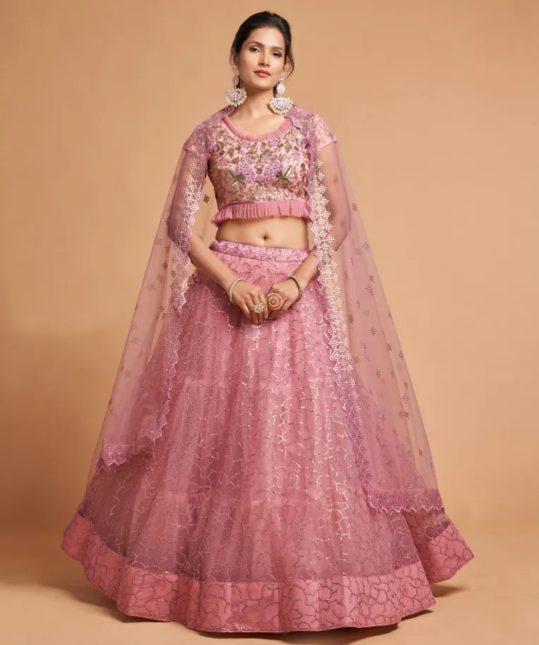 Pink Soft Net Sequins Embroidered Lehenga
