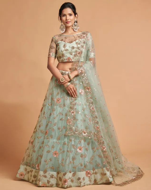 Mint Green Soft Net Sequins Embroidered Lehenga