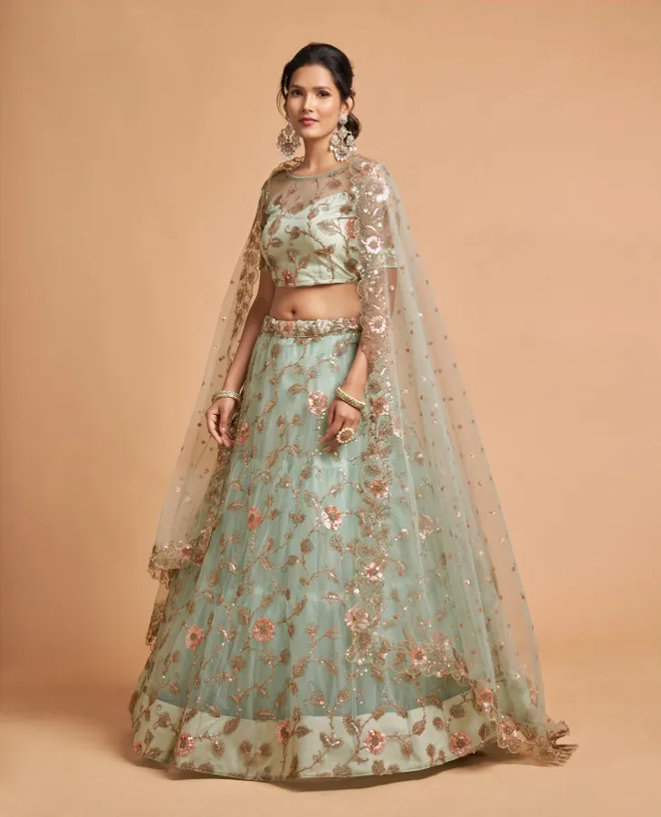 Mint Green Soft Net Sequins Embroidered Lehenga - Image 2