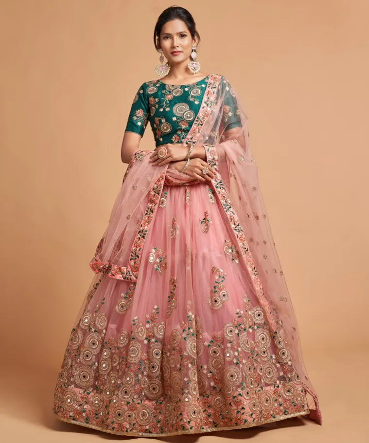 Pink Soft Net Sequins Embroidered Lehenga