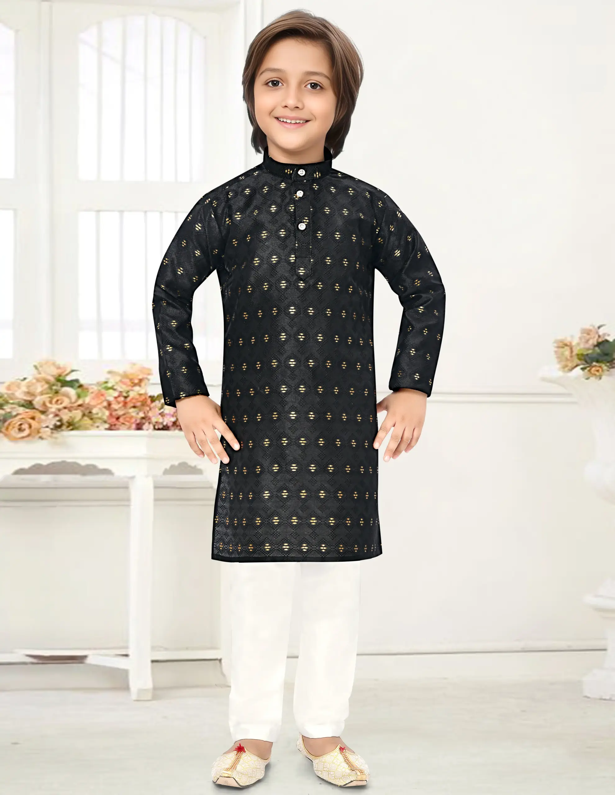 Black Jacquard Zari Work Kid's Kurta Set