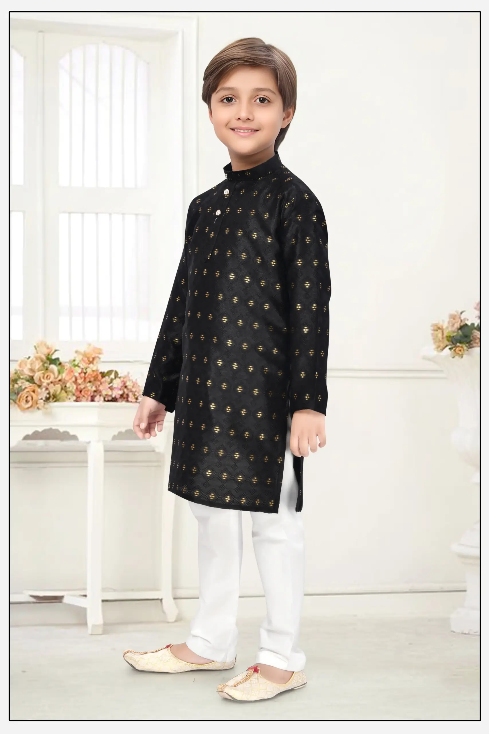 Black Jacquard Zari Work Kid's Kurta Set - Image 2