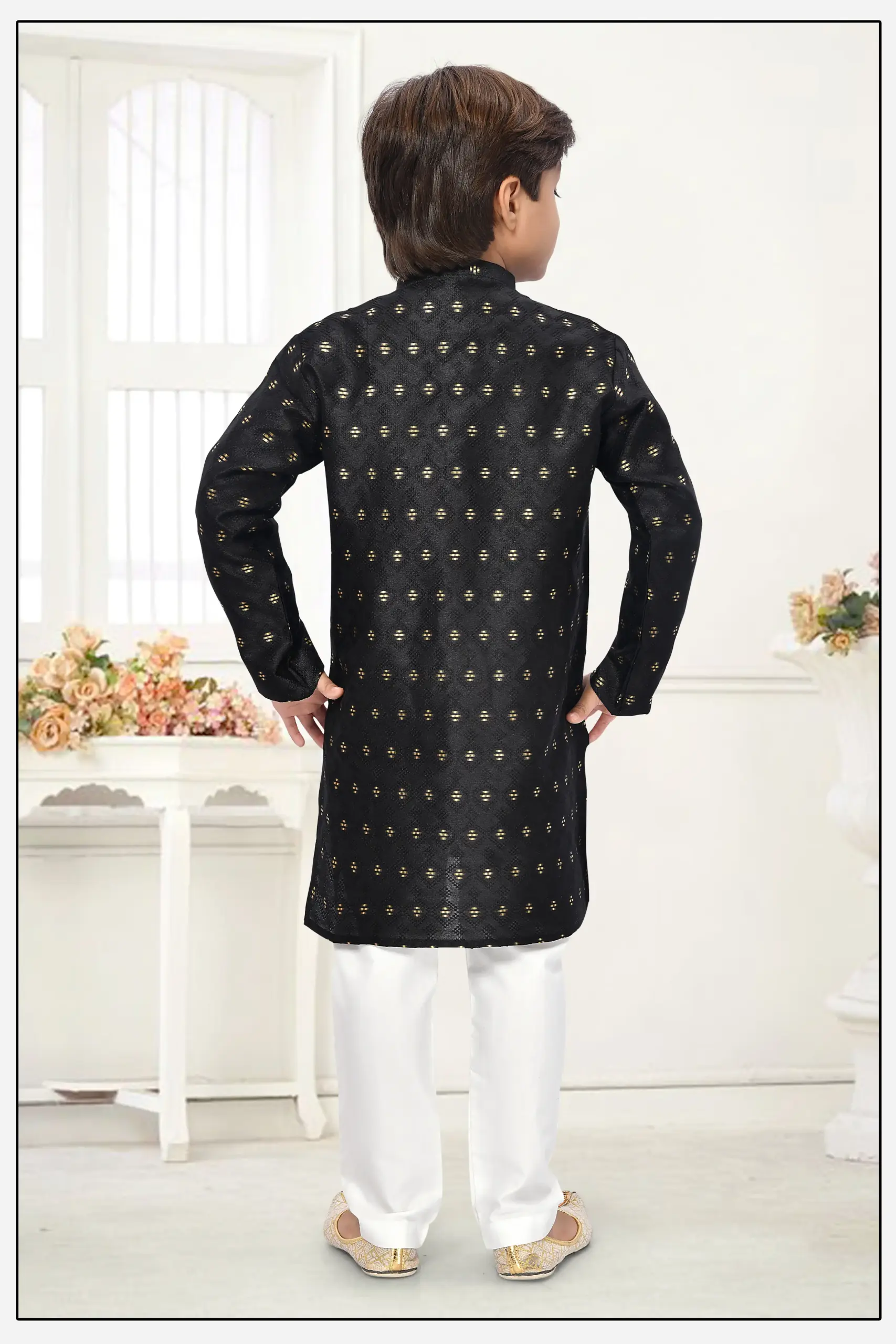Black Jacquard Zari Work Kid's Kurta Set - Image 3