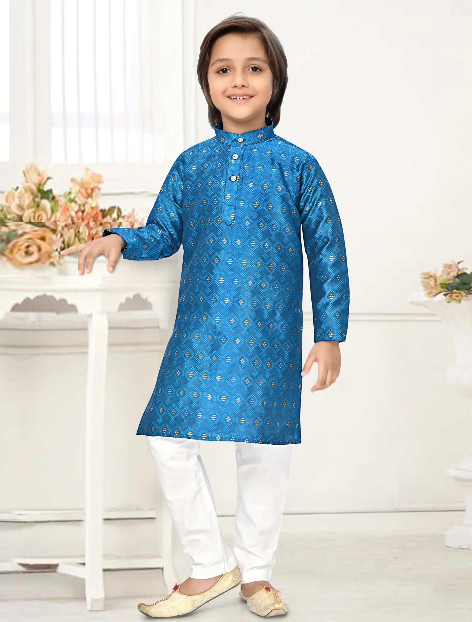 Blue Jacquard Zari Work Kid's Kurta Set