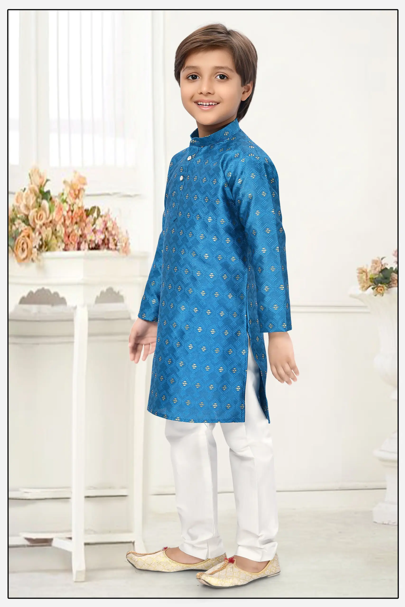 Blue Jacquard Zari Work Kid's Kurta Set - Image 2