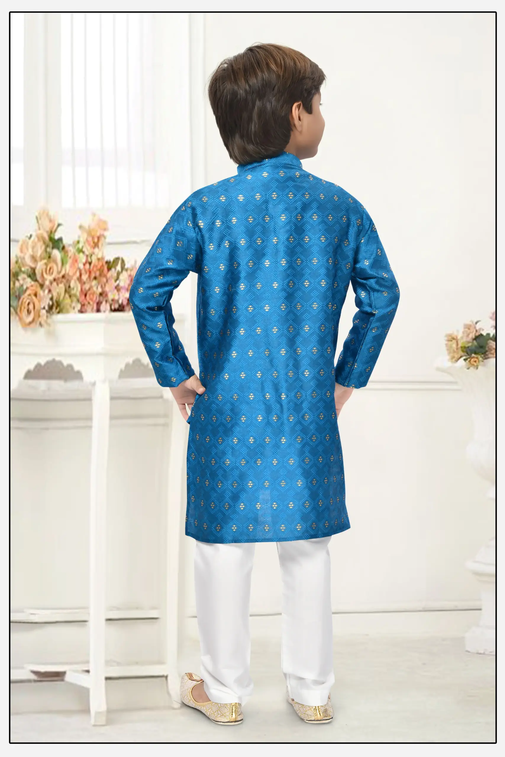 Blue Jacquard Zari Work Kid's Kurta Set - Image 3