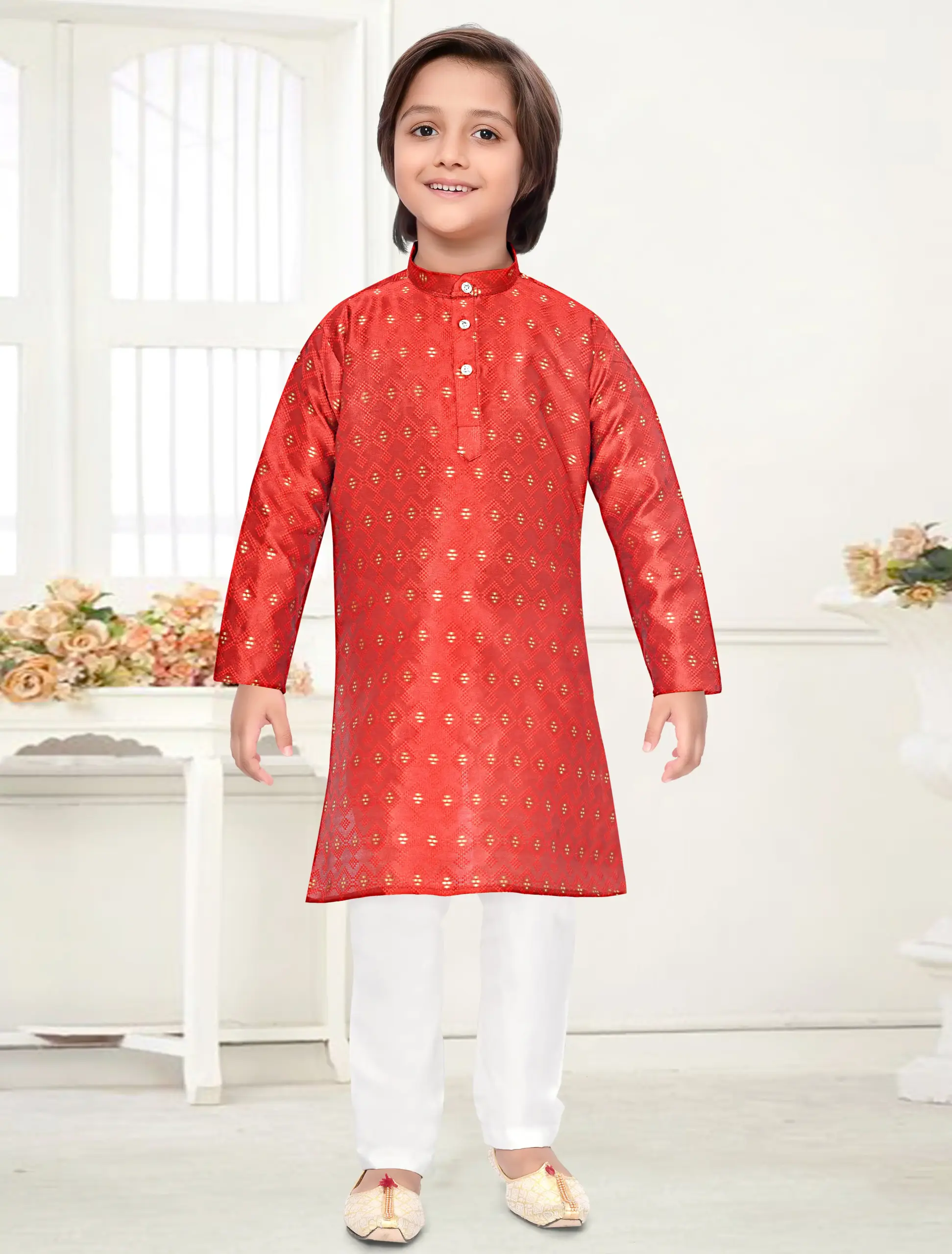 Orange Jacquard Zari Work Kid's Kurta Set