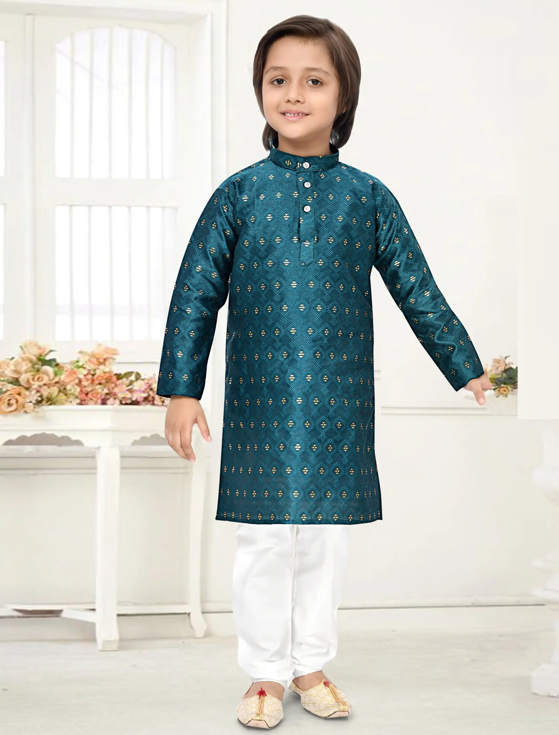 Teal Blue Jacquard Zari Work Kid's Kurta Set