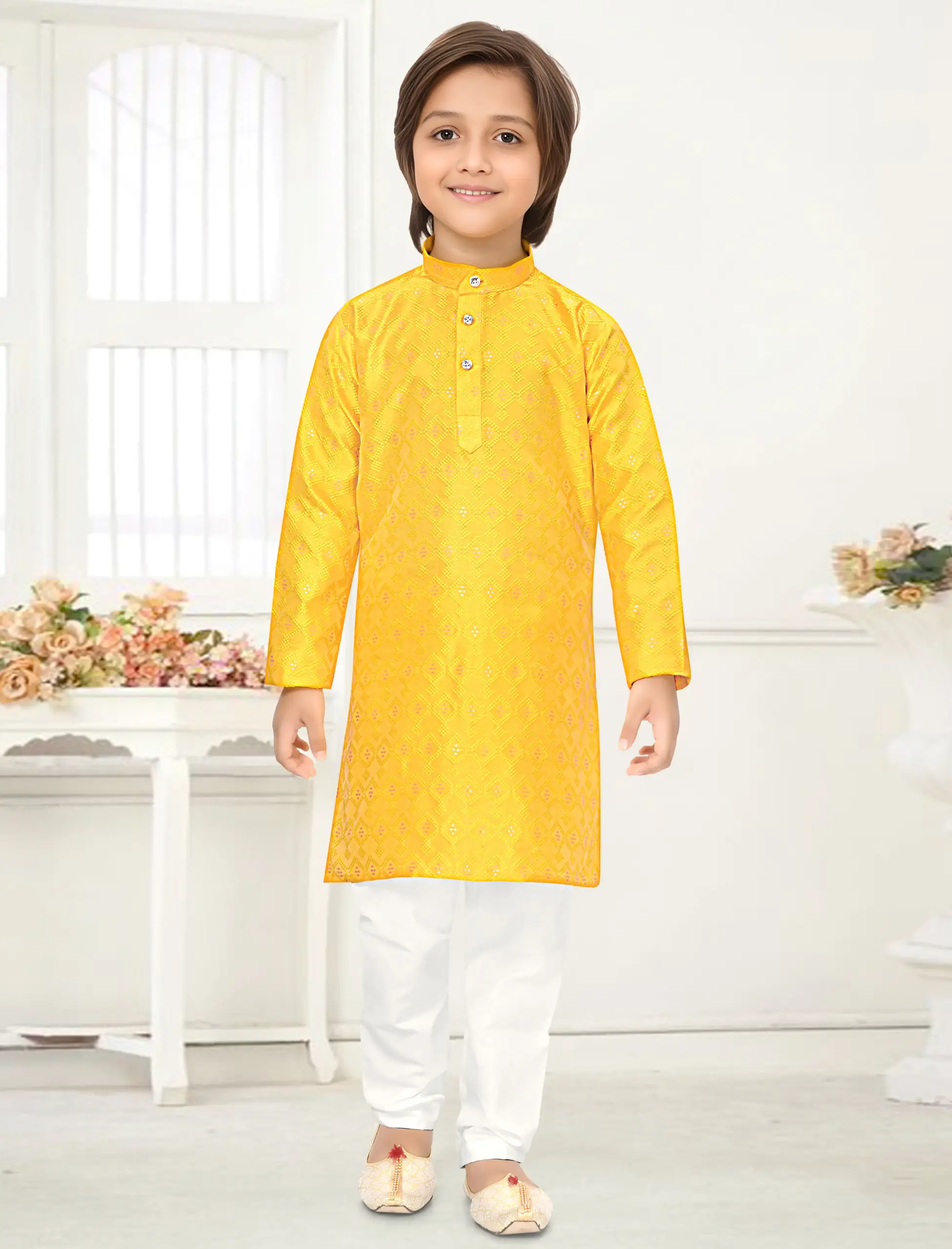 Yellow Jacquard Zari Work Kid's Kurta Set