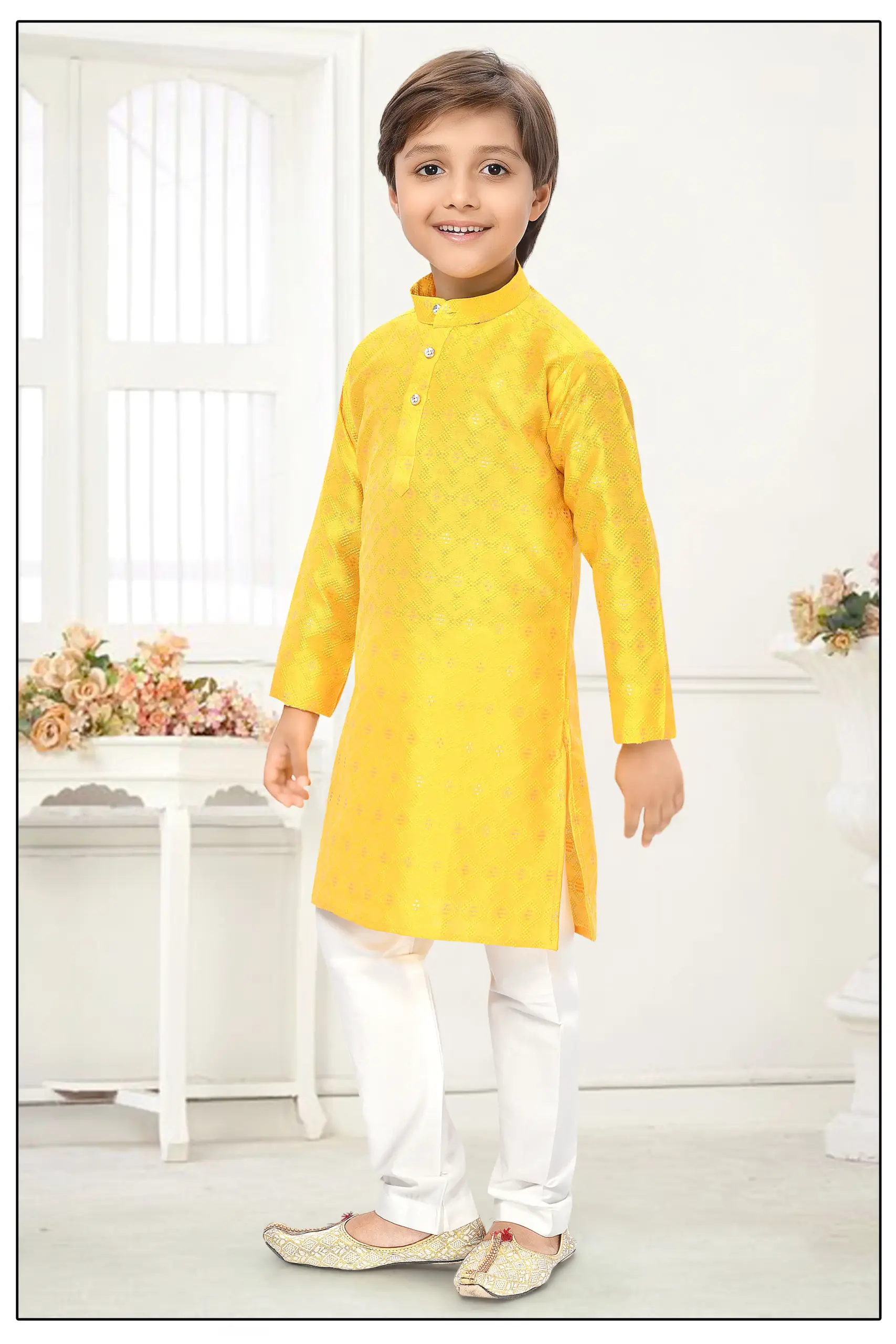 Yellow Jacquard Zari Work Kid's Kurta Set - Image 2