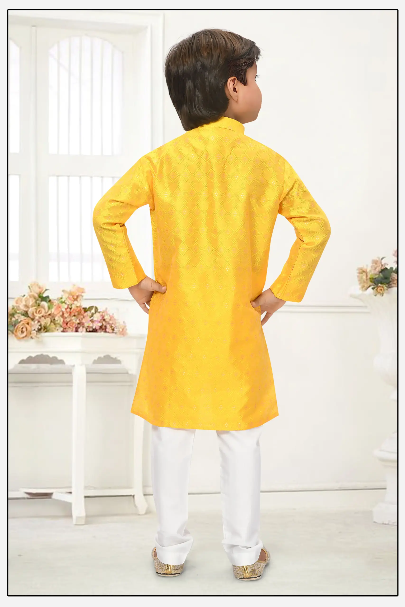 Yellow Jacquard Zari Work Kid's Kurta Set - Image 3