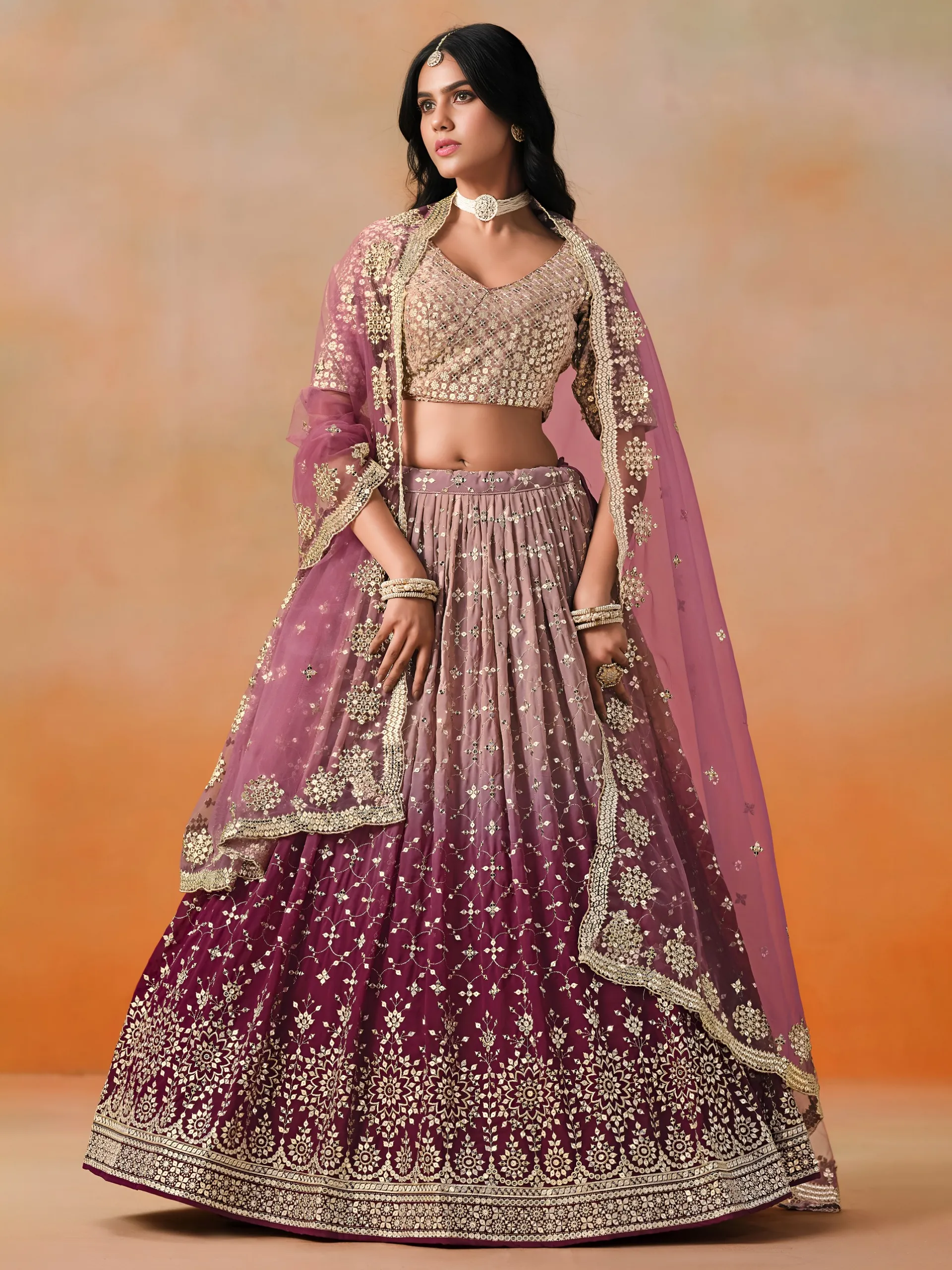 Wine Georgette Thread Embroidered Partywear Lehenga