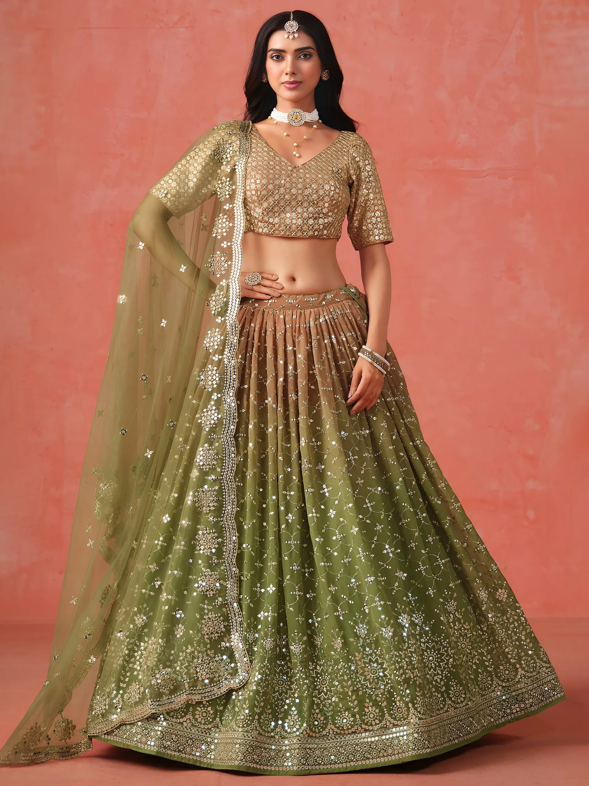Green Georgette Thread Embroidered Partywear Lehenga