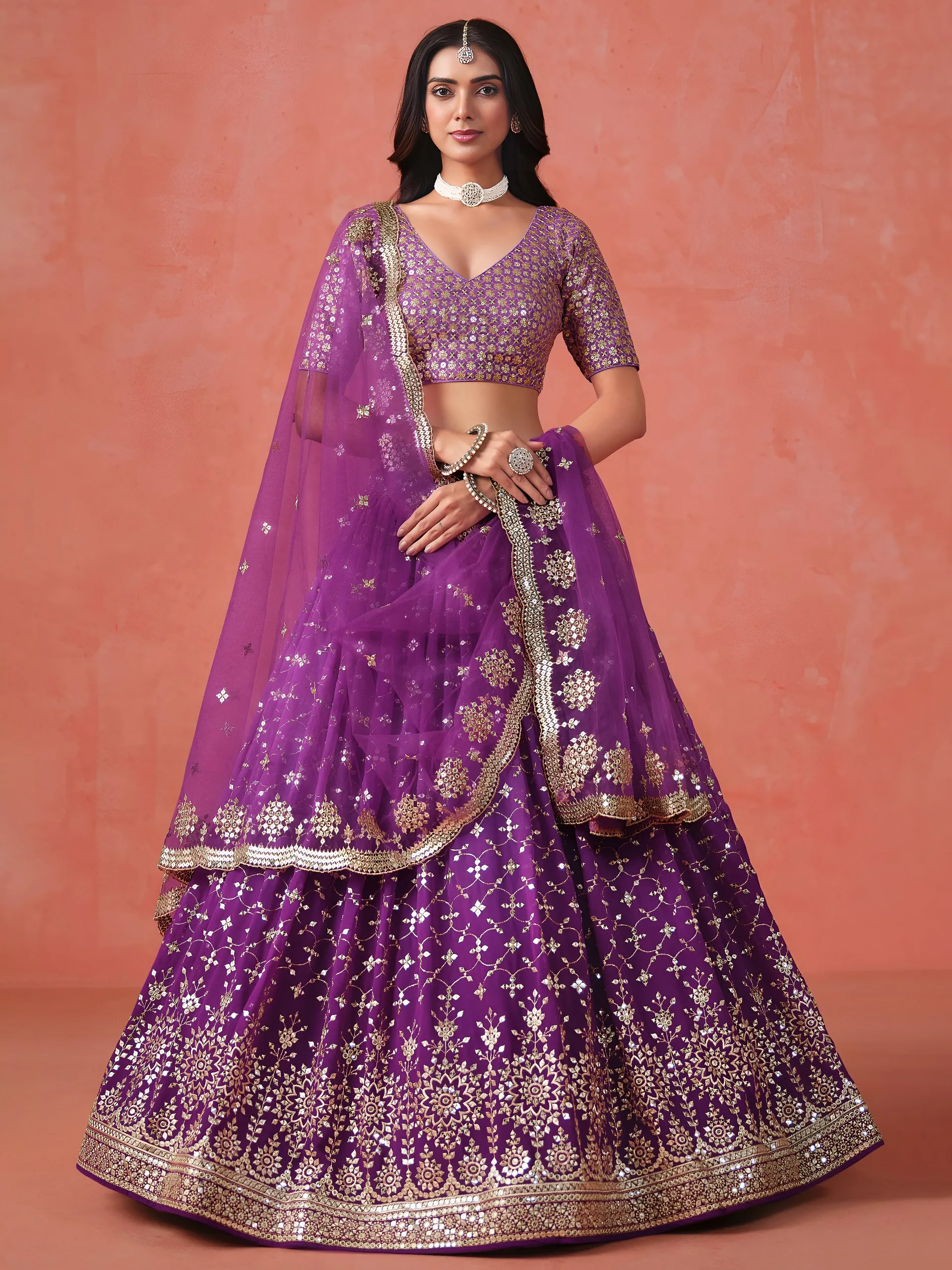 Purple Georgette Thread Embroidered Partywear Lehenga