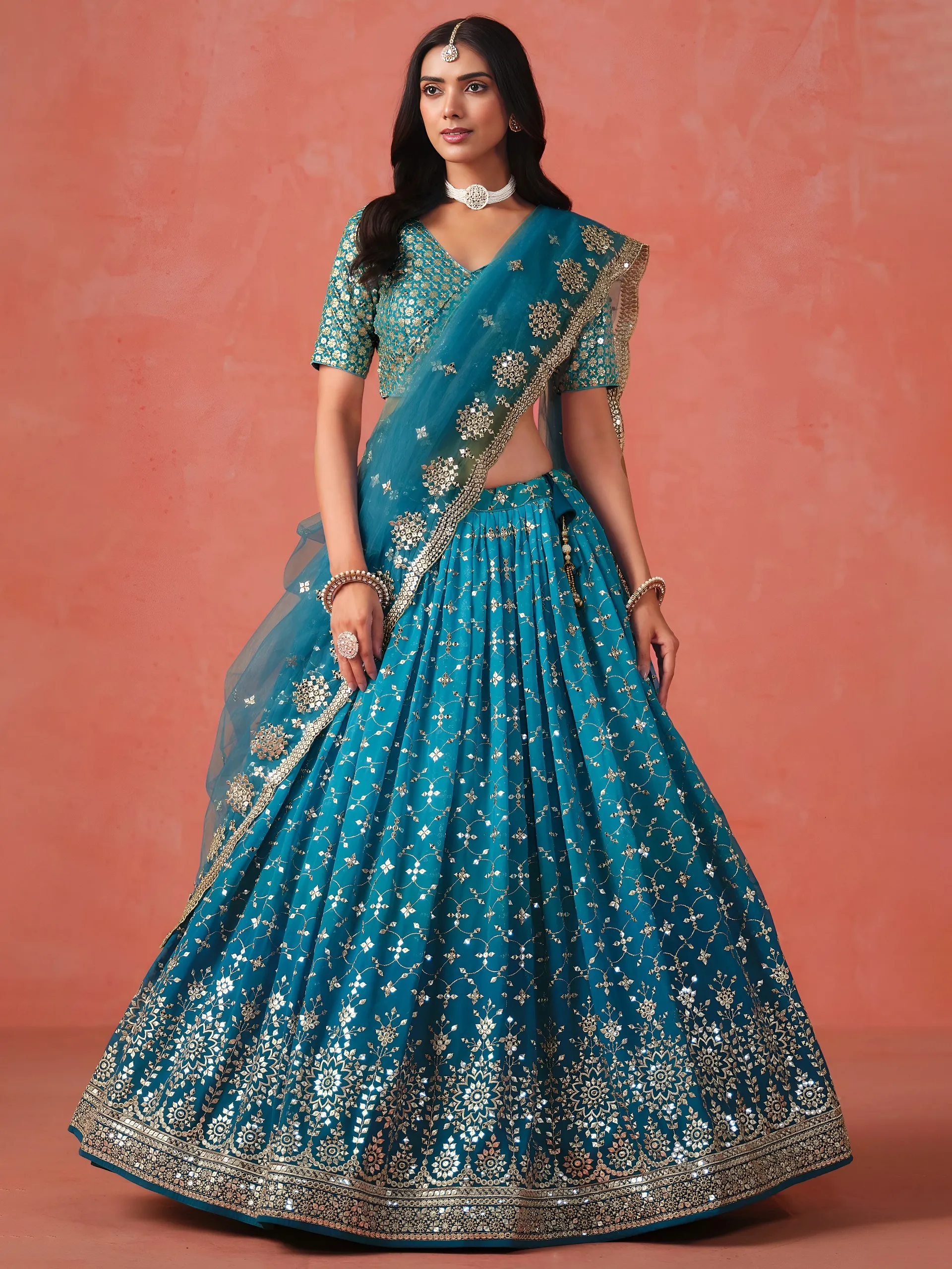 Rama Blue Georgette Thread Embroidered Partywear Lehenga