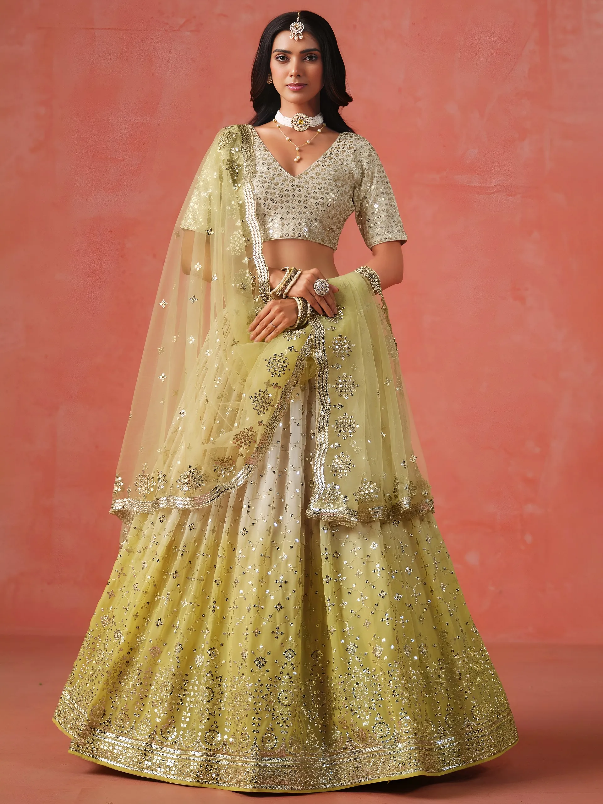 Yellow Georgette Thread Embroidered Partywear Lehenga