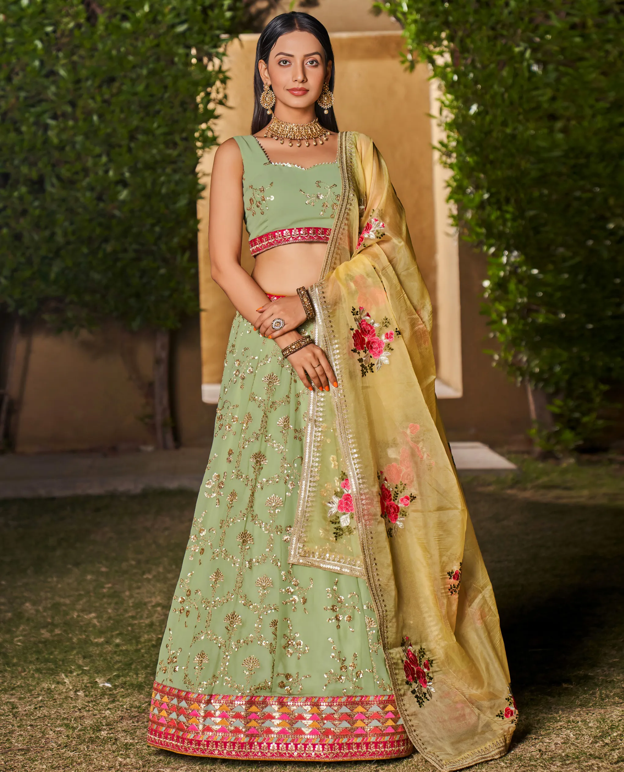 Light Green Georgette Dori Embroidered Lehenga