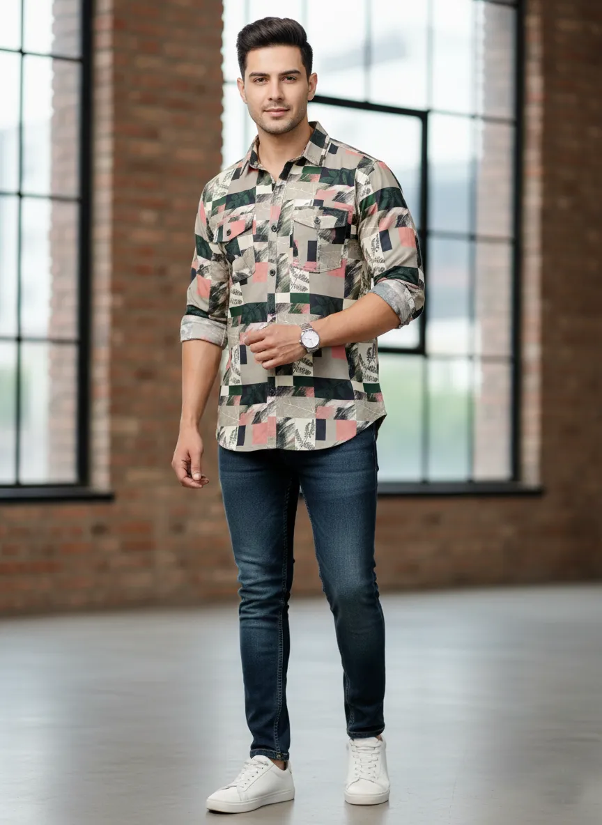 Multicolor Important Fabric Printed Men's Shirt