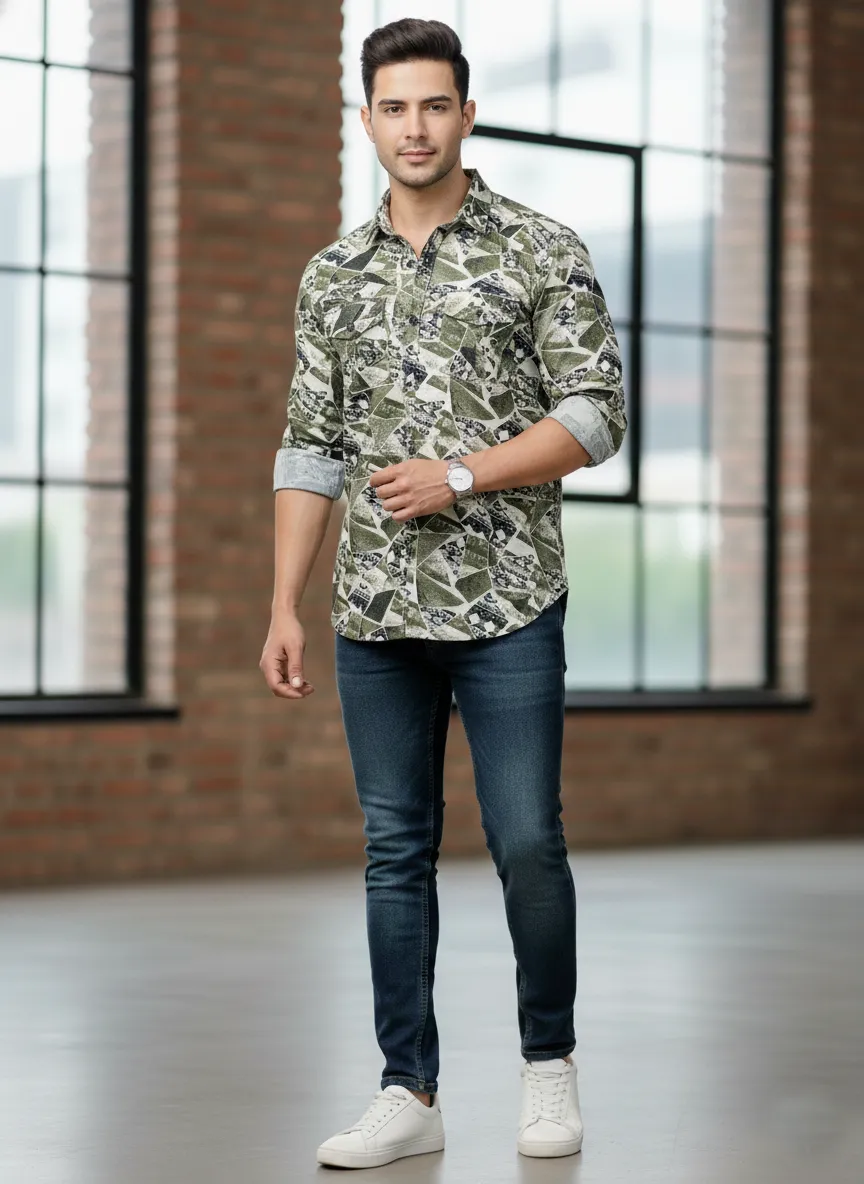 Green Important Fabric Printed Men's Shirt