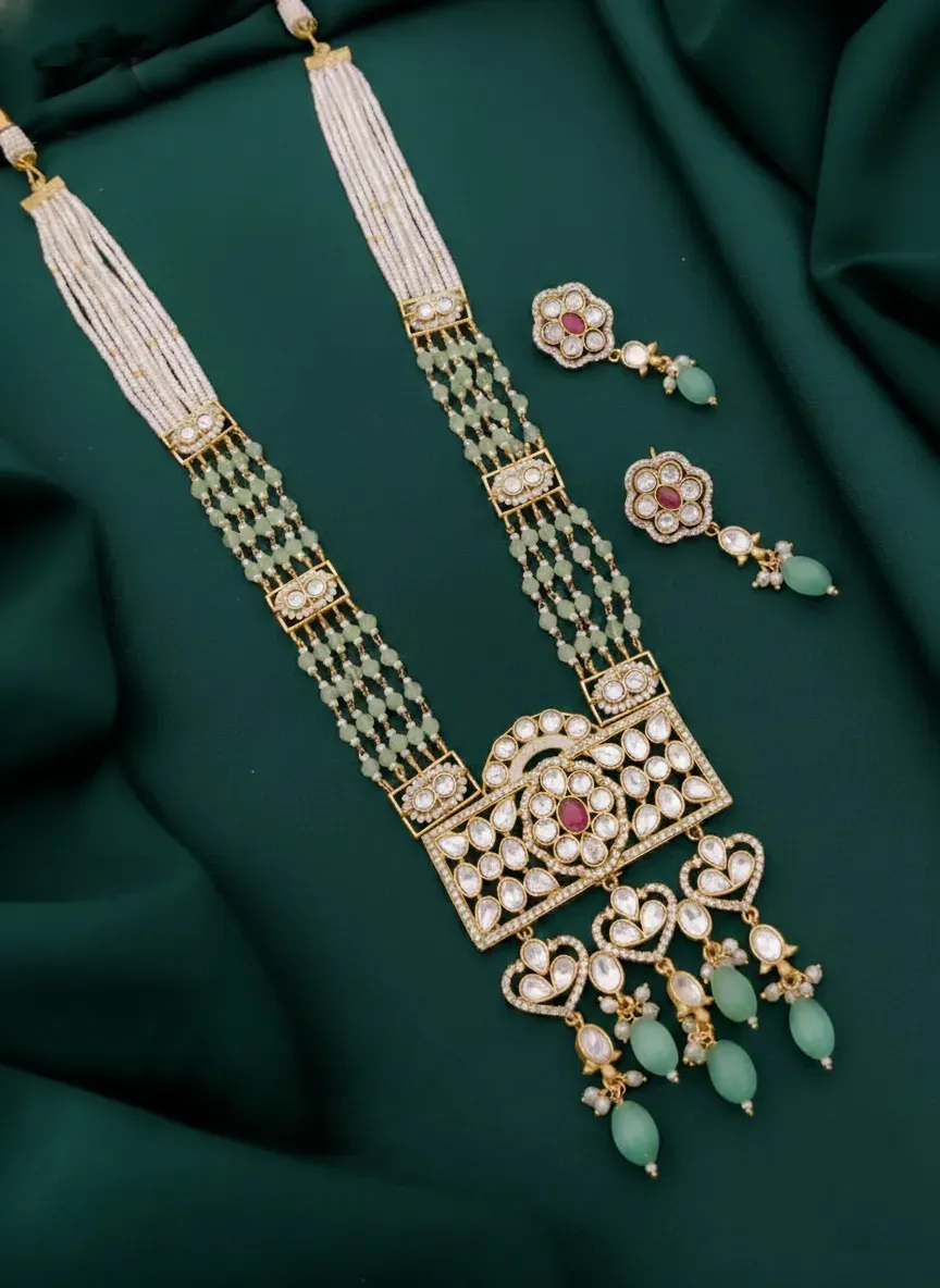 Handcrafted Kundan Long Necklace Set with Seed Pearl Matching Earrings