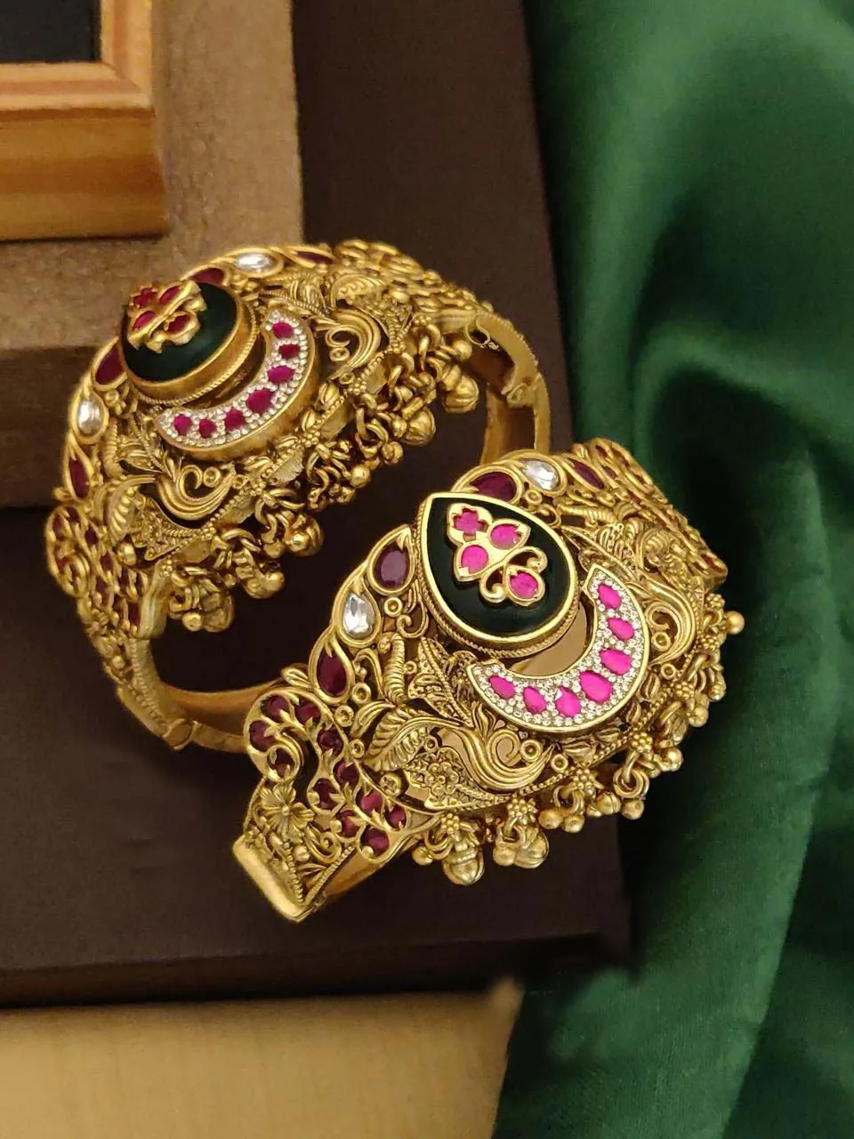Traditional Antique Brass Bangles with Meenakari, Kundan & Pearl Work