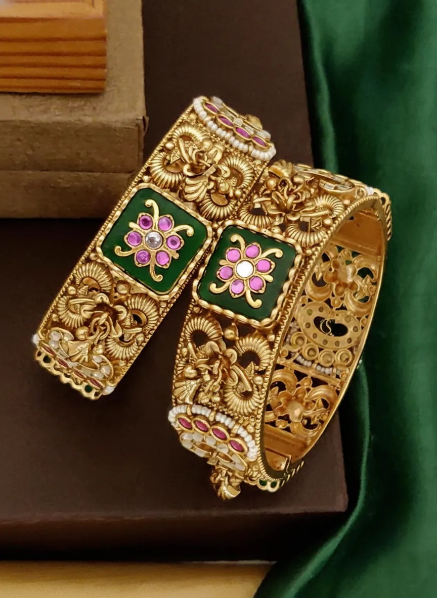 Traditional Antique Brass Kadas with Meenakari, Kundan & Pearl Work