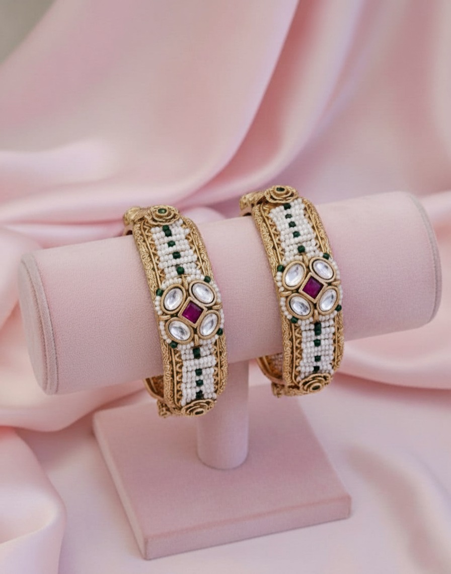 Pearl Embedded with Kundan & Ruby Accents Gold Plated Kada