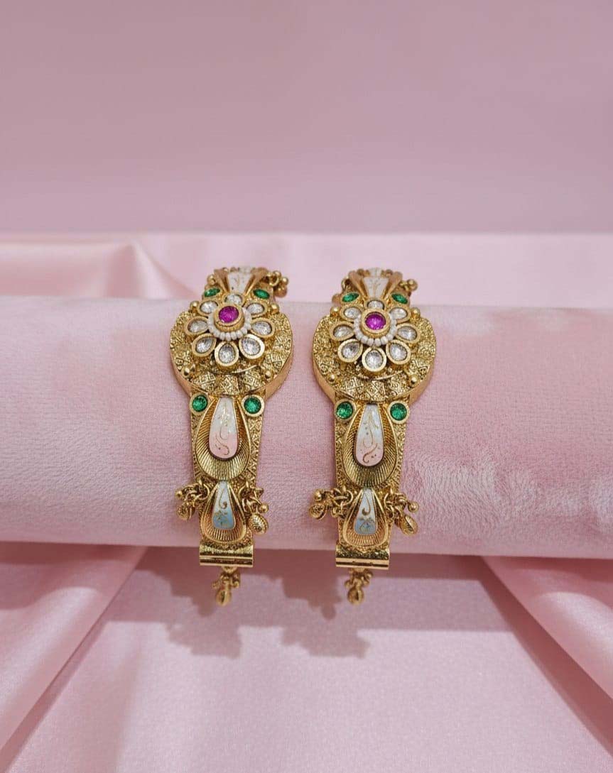 Floral Antique Gold Kada with Ruby & Emerald Accents