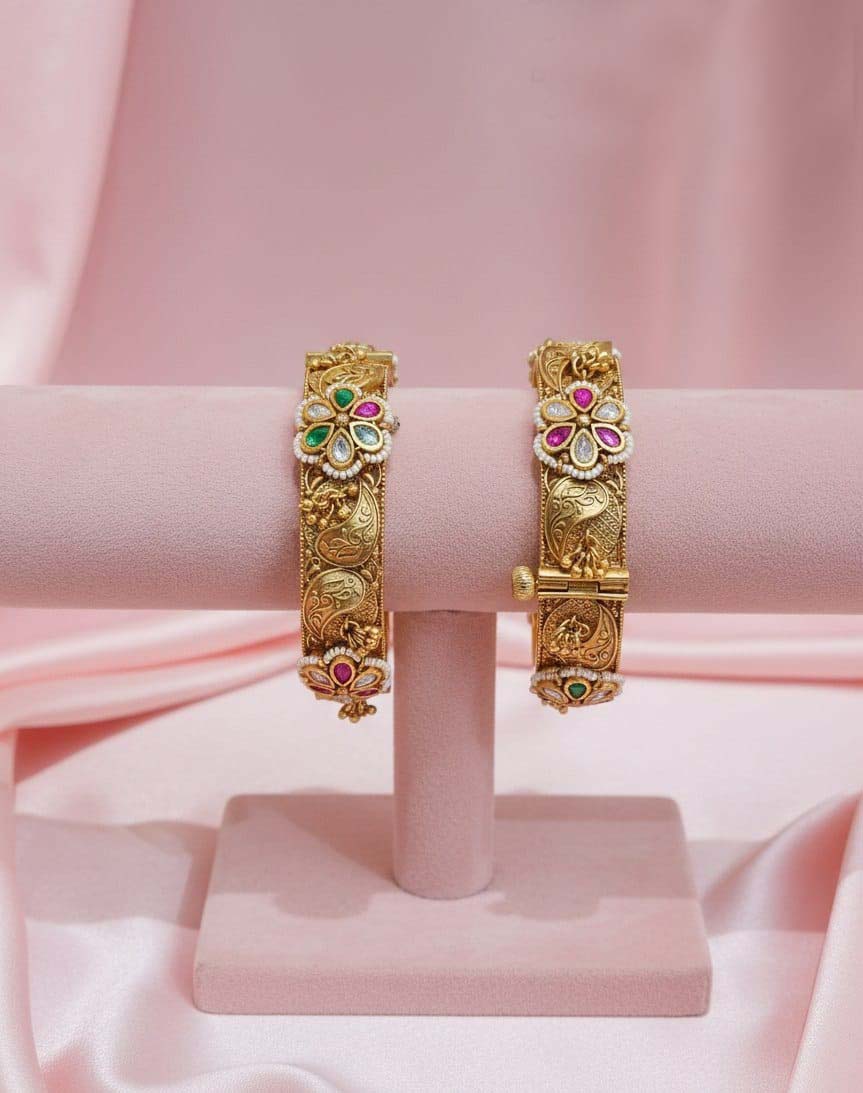 Antique Gold Floral Stone-Studded Kada