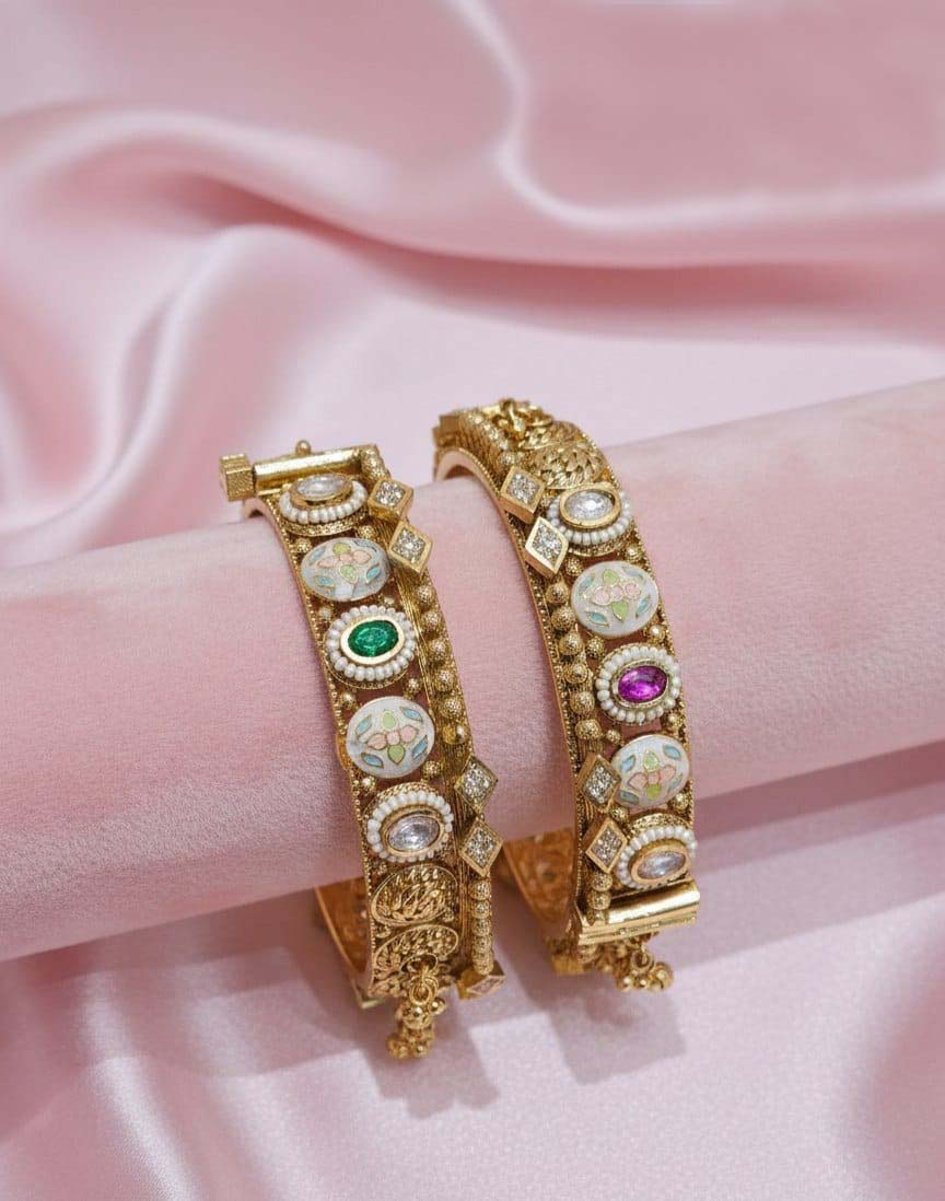 Floral Antique Gold Kada with Stone Accents