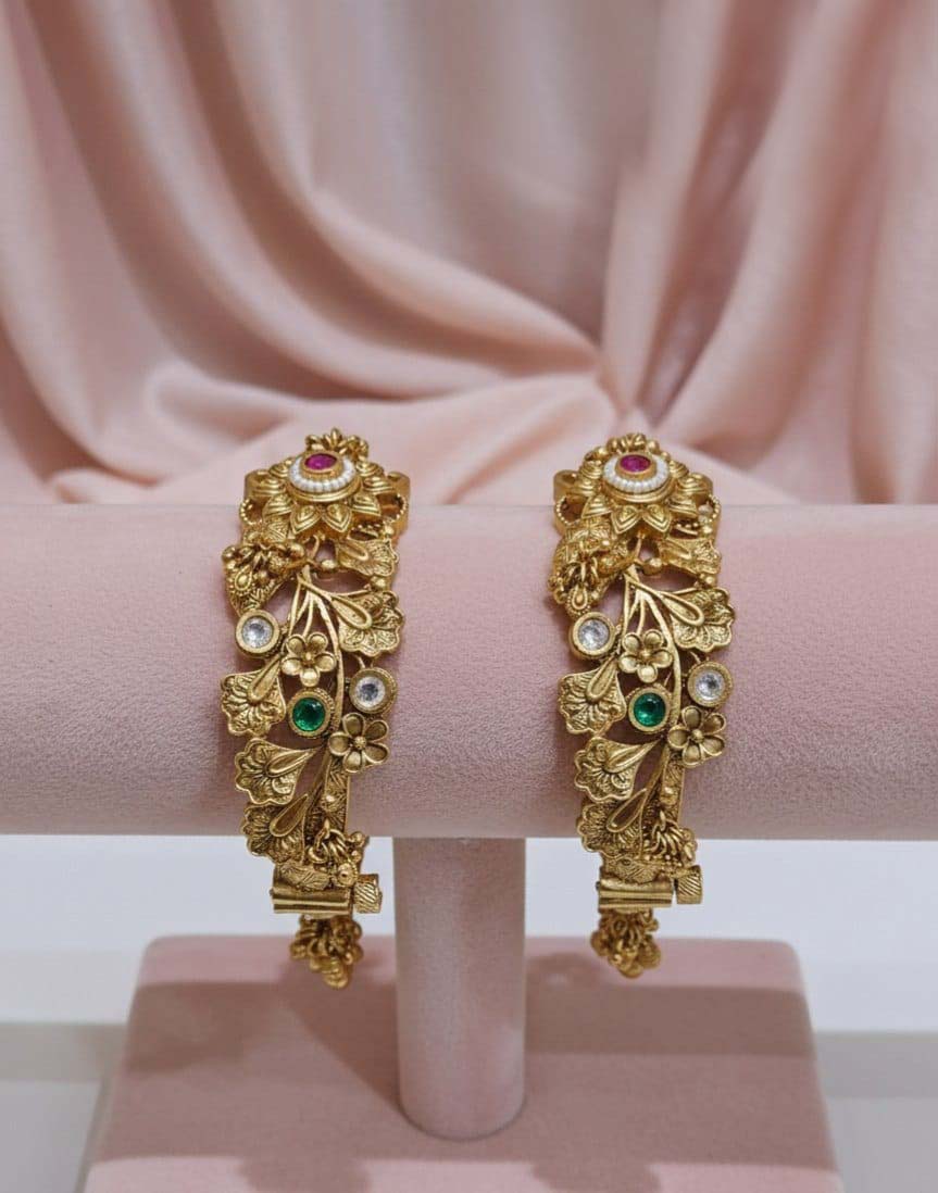 Antique Gold Plated Floral Kada with Stone Accents