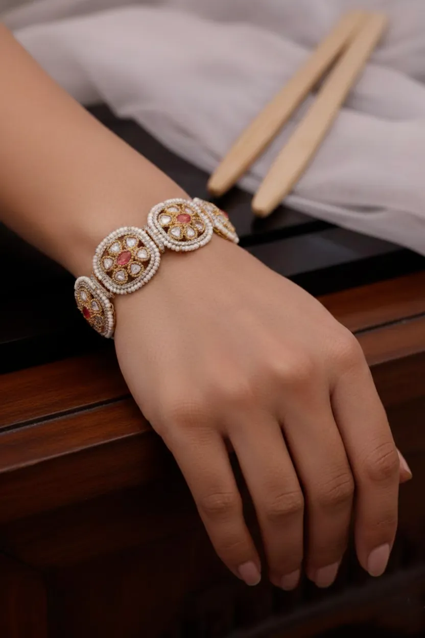 Royal Handcrafted Moissanite Kundan Gajra Kada