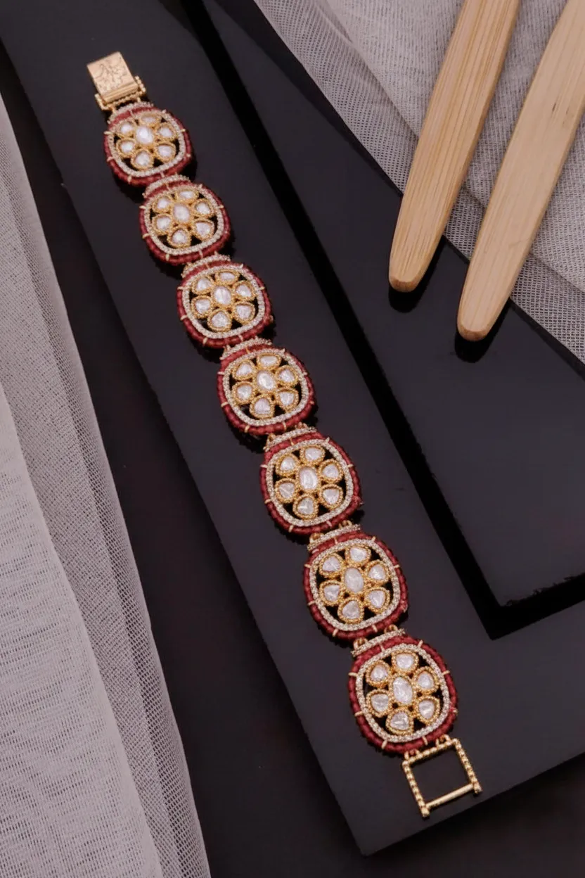 Traditional Uncut Polki Kundan Gajra Bracelet with Seed Pearls