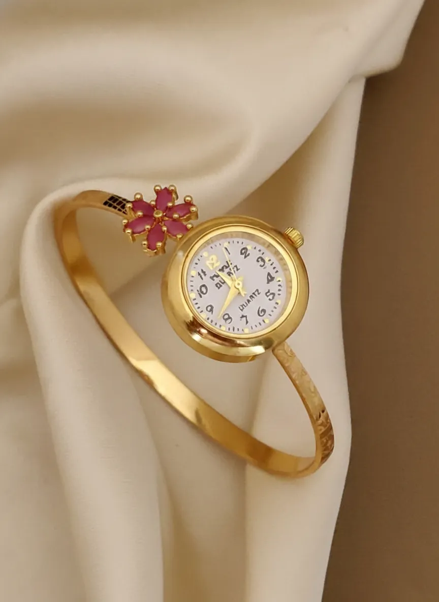 Dainty Gold-Tone Flower Bracelet Watch