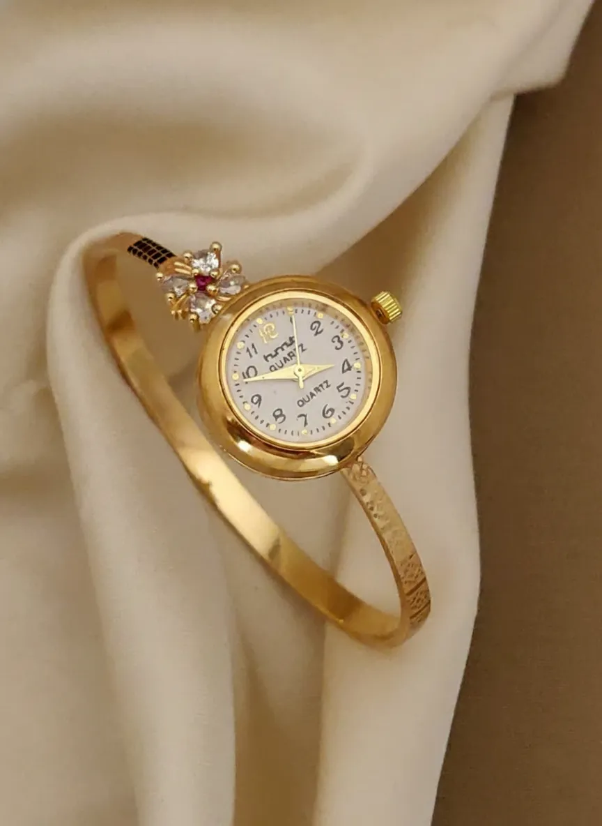 Elegant Dainty Gold-Tone Flower Bracelet Watch