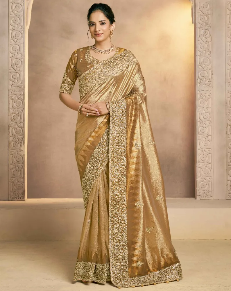 Mustard Kora Silk Zardosi Embroidered Handwork Bridal Saree
