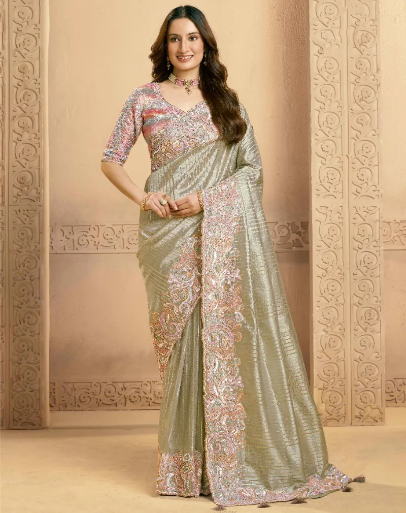 Mint Green Zari Tissue Swarovski Work Handwoven Saree