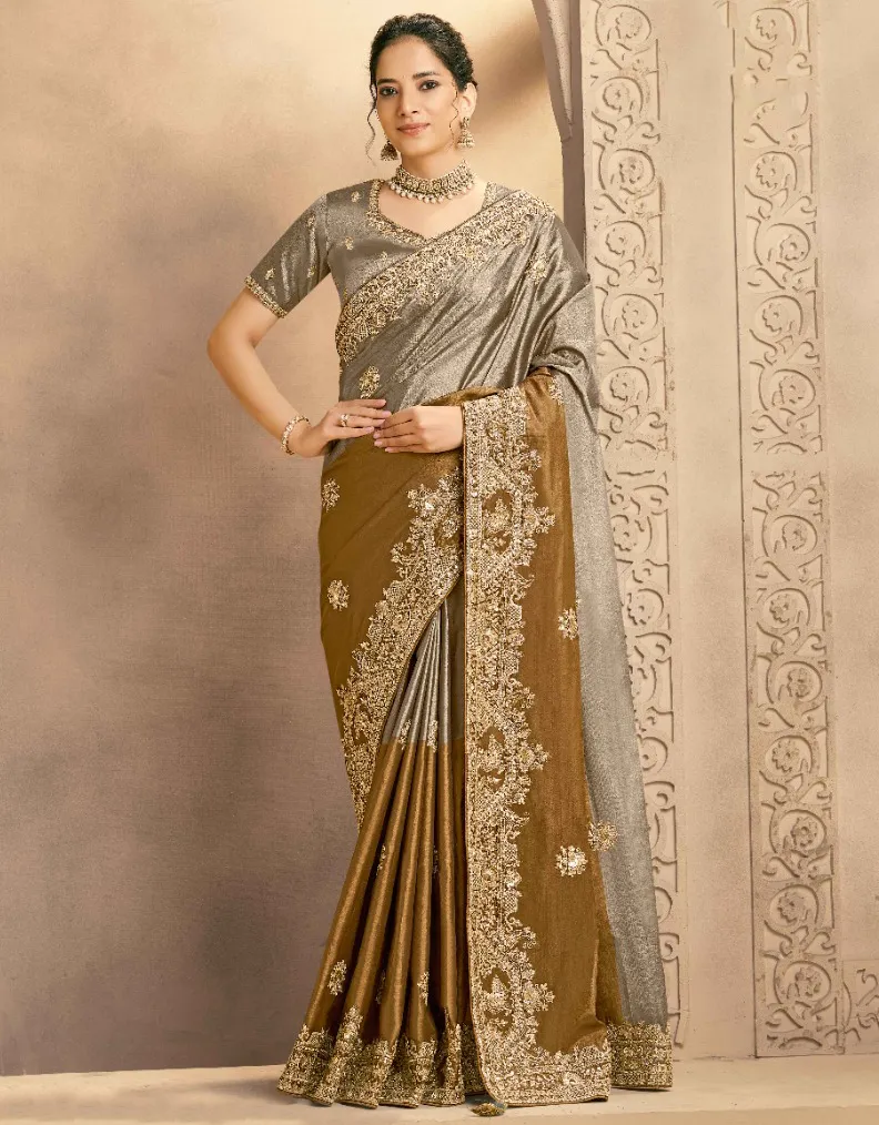 Brown And Grey Kora Zari Silk Zardosi Handwork Saree