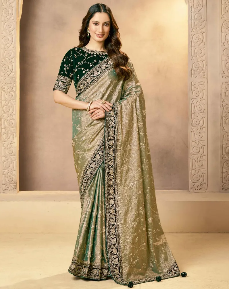 Beige And Green Tissue Silk Zardosi Handwork Bridal Saree