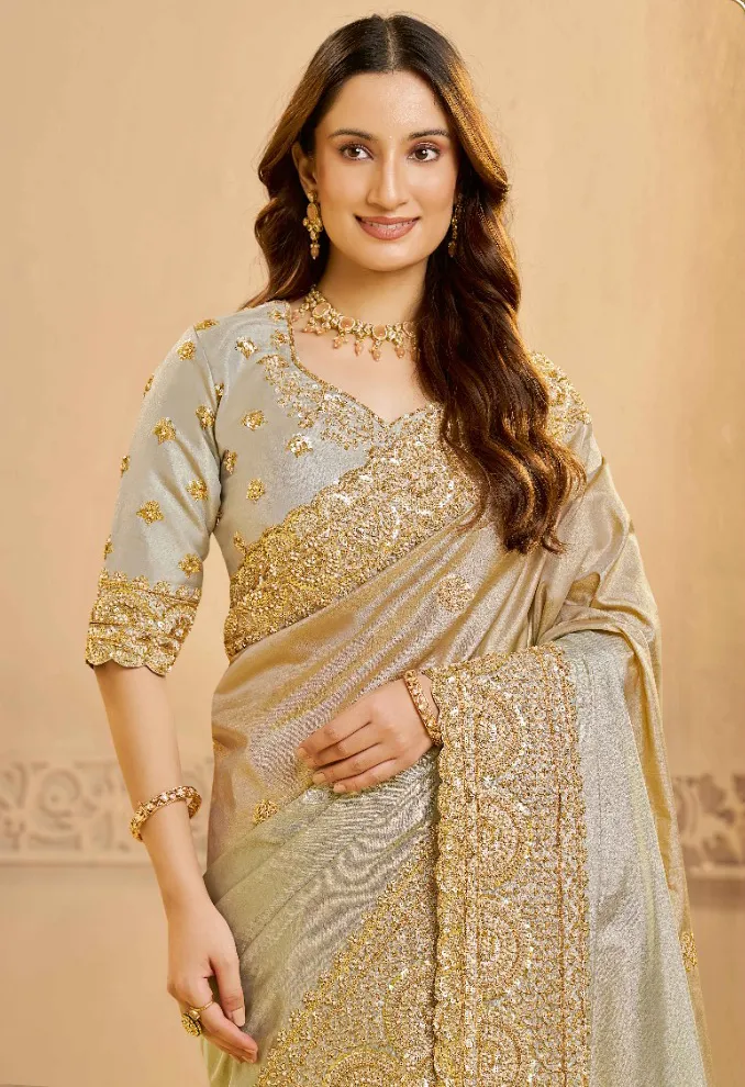 Grey Kora Zari Silk Beads Work Designer Saree - Image 2