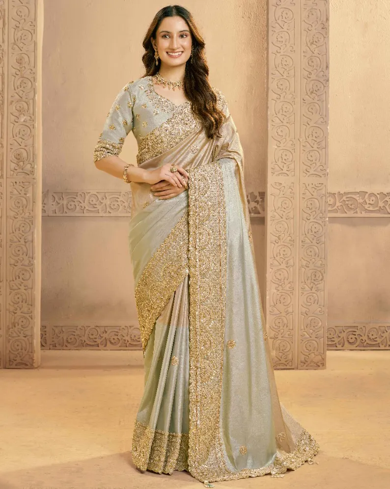 Grey Kora Zari Silk Beads Work Designer Saree